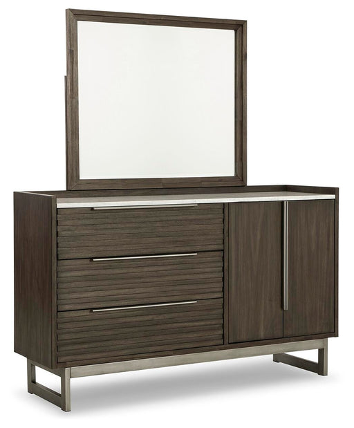 Arkenton Grayish Brown King Panel Bed, Dresser and Mirror - B786B8
