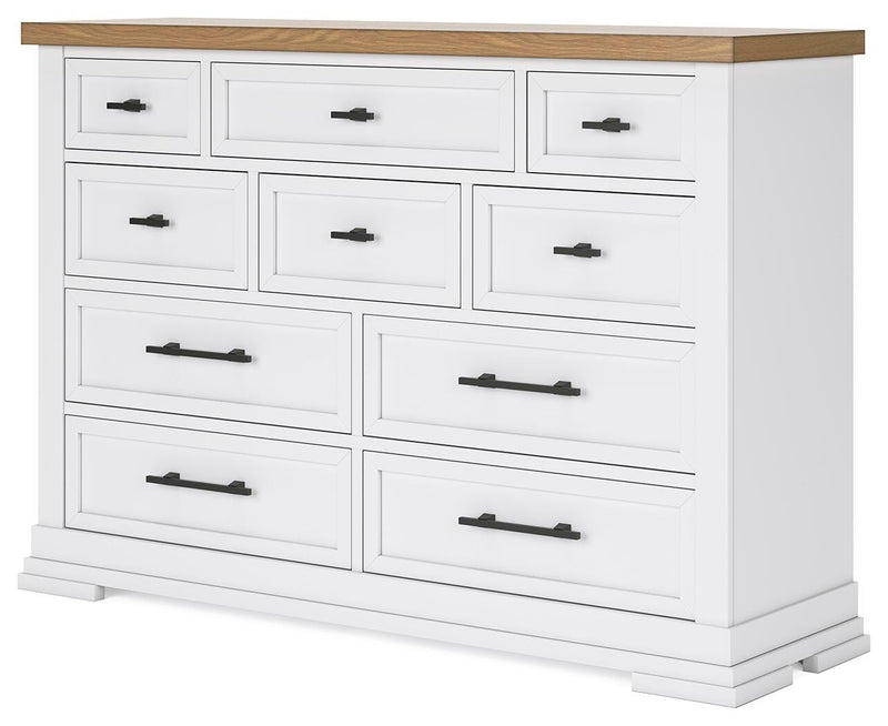 Ashbryn California King Panel Storage Bed, Dresser and 2 Nightstands in White/Natural - PKG016980