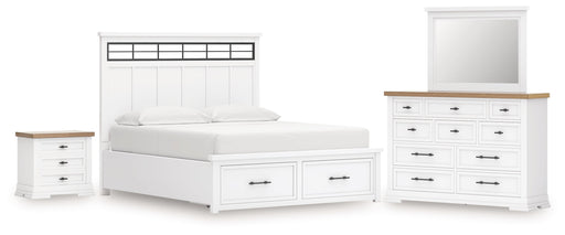 Ashbryn California King Panel Storage Bed with Mirrored Dresser and Nightstand in White/Natural from Ashley - DMV Furniture