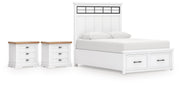 Ashbryn King Panel Storage Bed and 2 Nightstands in White/Natural - PKG016972