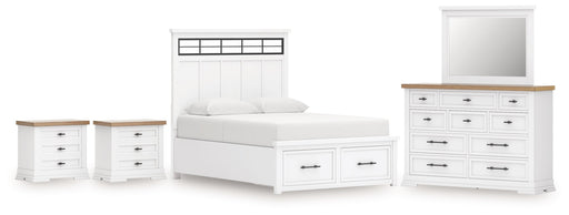 Ashbryn King Panel Storage Bed with Mirrored Dresser and 2 Nightstands in White/Natural from Ashley - DMV Furniture