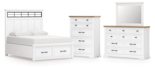 Ashbryn King Panel Storage Bed with Mirrored Dresser and Chest in White/Natural from Ashley - DMV Furniture