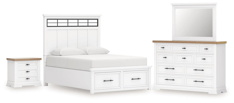 Ashbryn King Panel Storage Bed with Mirrored Dresser and Nightstand in White/Natural from Ashley - DMV Furniture