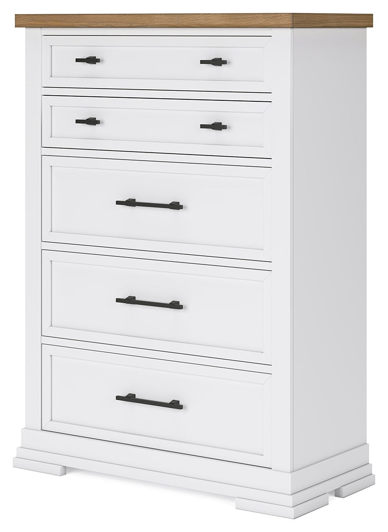 Ashbryn King Panel Storage Bed with Mirrored Dresser, Chest and 2 Nightstands in White/Natural from Ashley - DMV Furniture