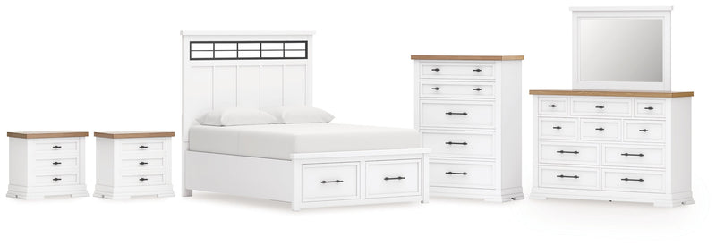 Ashbryn King Panel Storage Bed with Mirrored Dresser, Chest and 2 Nightstands in White/Natural from Ashley - DMV Furniture