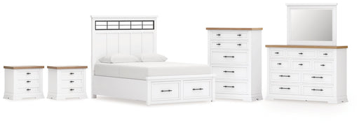 Ashbryn King Panel Storage Bed with Mirrored Dresser, Chest and 2 Nightstands in White/Natural from Ashley - DMV Furniture