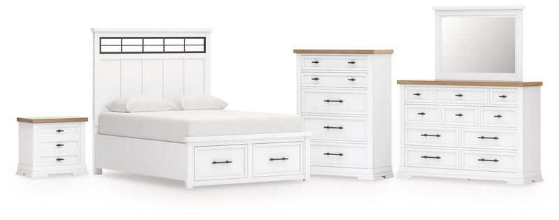 Ashbryn King Panel Storage Bed with Mirrored Dresser, Chest and Nightstand in White/Natural from Ashley - DMV Furniture
