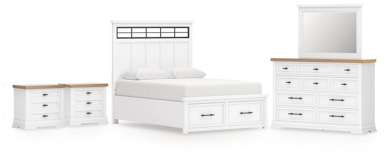 Ashbryn Queen Panel Storage Bed with Mirrored Dresser and 2 Nightstands in White/Natural from Ashley - DMV Furniture