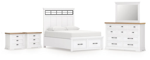 Ashbryn Queen Panel Storage Bed with Mirrored Dresser and 2 Nightstands in White/Natural from Ashley - DMV Furniture
