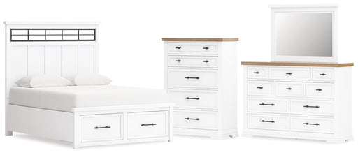 Ashbryn Queen Panel Storage Bed with Mirrored Dresser and Chest in White/Natural from Ashley - DMV Furniture