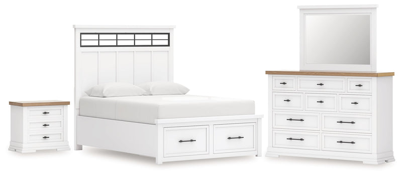 Ashbryn Queen Panel Storage Bed with Mirrored Dresser and Nightstand in White/Natural from Ashley - DMV Furniture