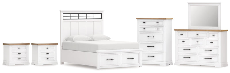 Ashbryn Queen Panel Storage Bed with Mirrored Dresser, Chest and 2 Nightstands in White/Natural from Ashley - DMV Furniture
