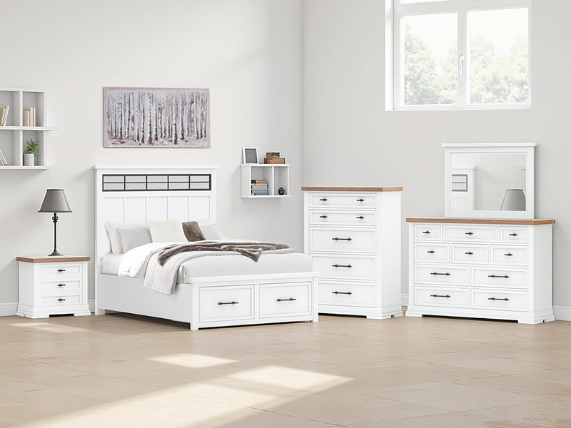 Ashbryn Queen Panel Storage Bed with Mirrored Dresser, Chest and 2 Nightstands in White/Natural from Ashley - DMV Furniture