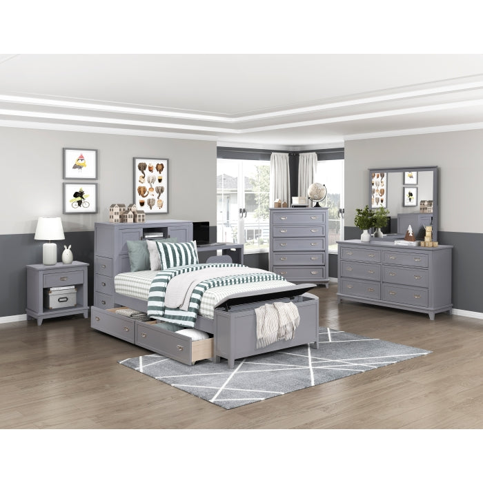 B2024GYBC-1* (2) Twin Bookcase Platform Bed with Hidden Desk, Stool and Storage Bench - B2024GYBC-1*