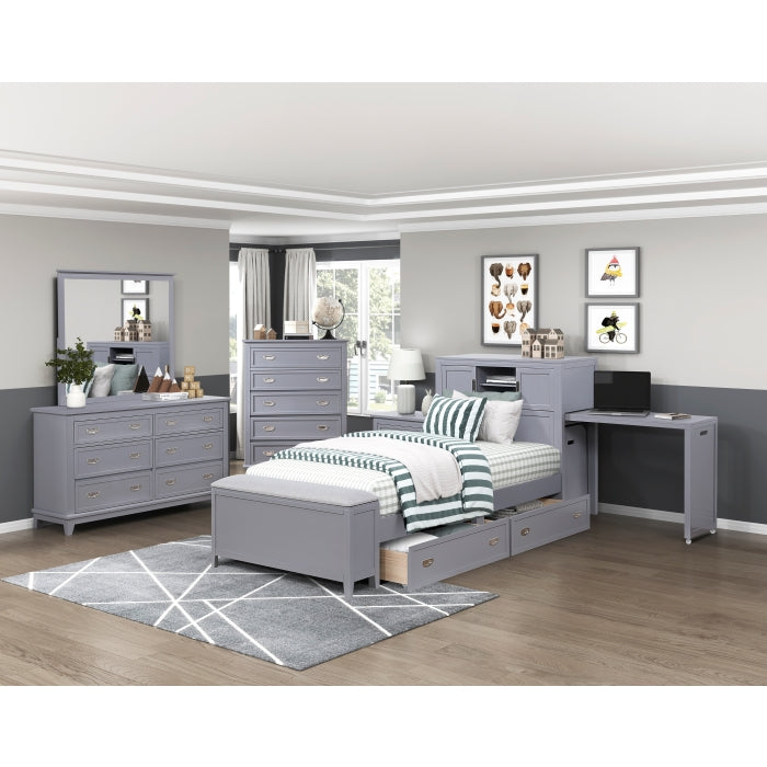 B2024GYBC-1* (2) Twin Bookcase Platform Bed with Hidden Desk, Stool and Storage Bench - B2024GYBC-1*