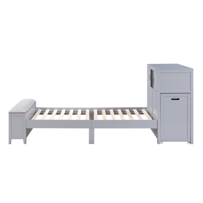B2024GYBC-1* (2) Twin Bookcase Platform Bed with Hidden Desk, Stool and Storage Bench - B2024GYBC-1*