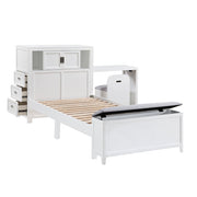 B2024WHBC-1* (2) Twin Bookcase Platform Bed with Hidden Desk, Stool and Storage Bench - B2024WHBC-1*
