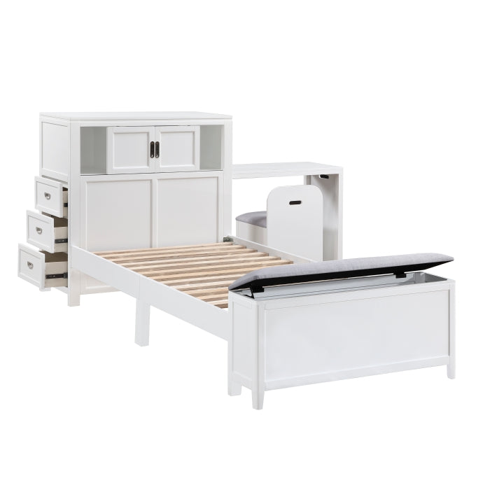 B2024WHBC-1* (2) Twin Bookcase Platform Bed with Hidden Desk, Stool and Storage Bench - B2024WHBC-1*