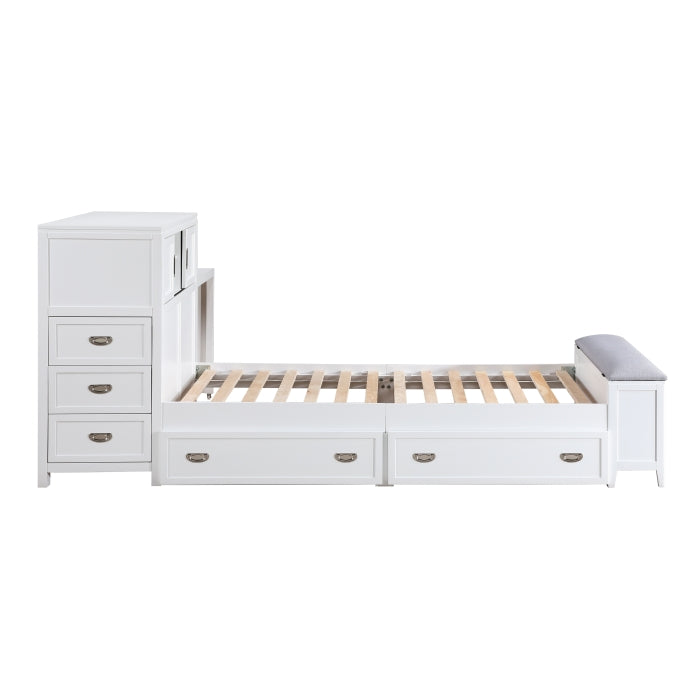 B2024WHBC-1* (2) Twin Bookcase Platform Bed with Hidden Desk, Stool and Storage Bench - B2024WHBC-1*