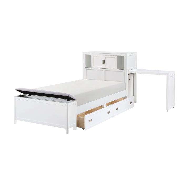B2024WHBC-1* (2) Twin Bookcase Platform Bed with Hidden Desk, Stool and Storage Bench - B2024WHBC-1*