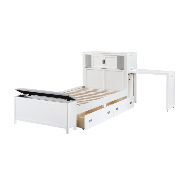 B2024WHBC-1* (2) Twin Bookcase Platform Bed with Hidden Desk, Stool and Storage Bench - B2024WHBC-1*