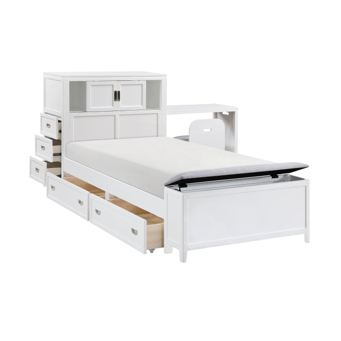 B2024WHBC-1* (2) Twin Bookcase Platform Bed with Hidden Desk, Stool and Storage Bench - B2024WHBC-1*