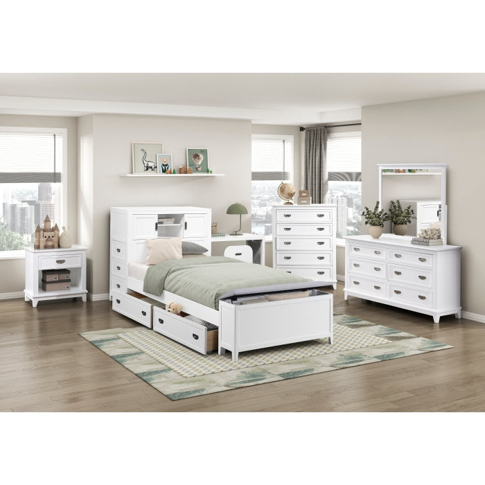 B2024WHBC-1* (2) Twin Bookcase Platform Bed with Hidden Desk, Stool and Storage Bench - B2024WHBC-1*