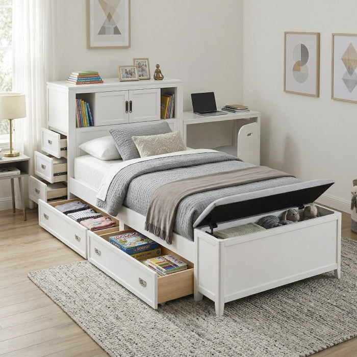 B2024WHBC-1* (2) Twin Bookcase Platform Bed with Hidden Desk, Stool and Storage Bench - B2024WHBC-1*