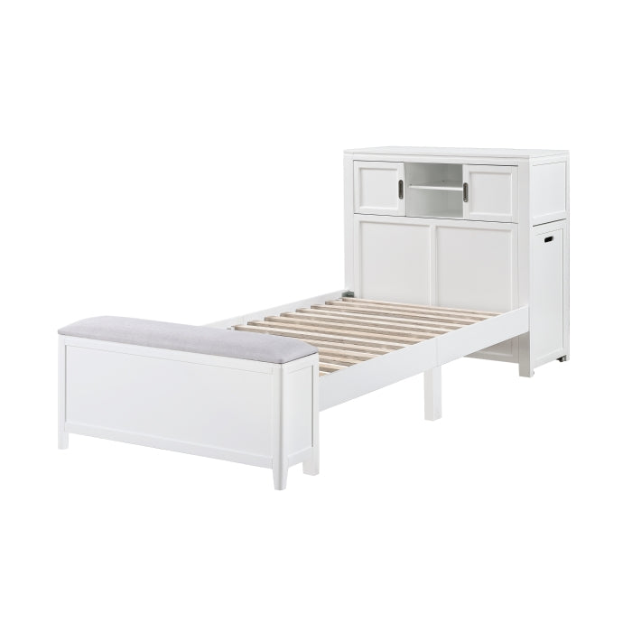 B2024WHBC-1* (2) Twin Bookcase Platform Bed with Hidden Desk, Stool and Storage Bench - B2024WHBC-1*