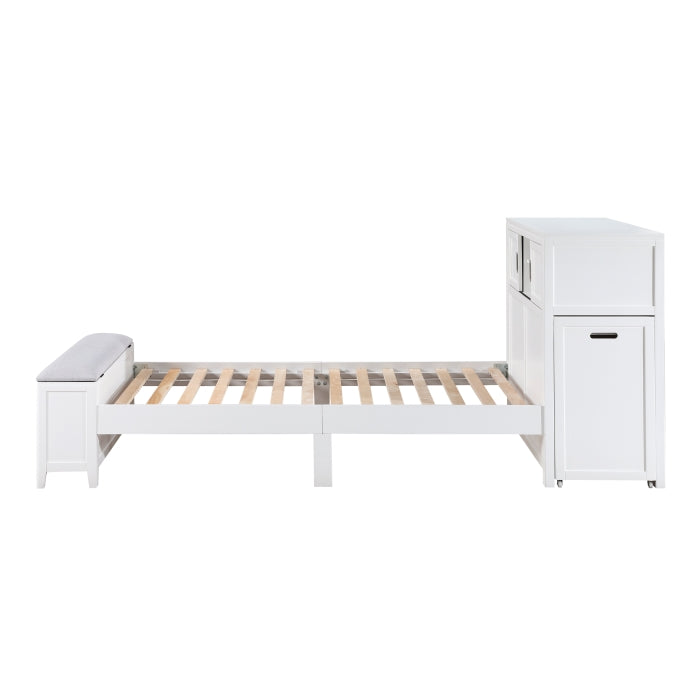 B2024WHBC-1* (2) Twin Bookcase Platform Bed with Hidden Desk, Stool and Storage Bench - B2024WHBC-1*