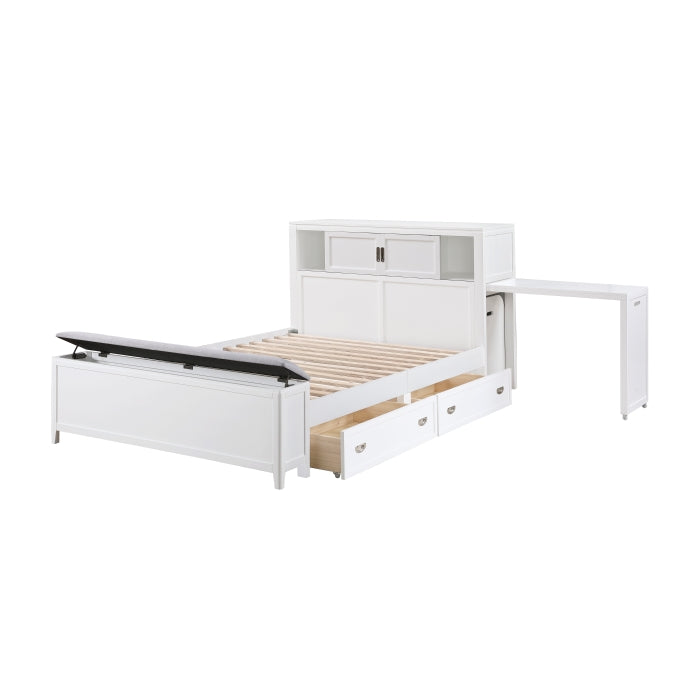 B2024WHBCF-1* (2) Full Bookcase Platform Bed with Hidden Desk, Stool and Storage Bench - B2024WHBCF-1*