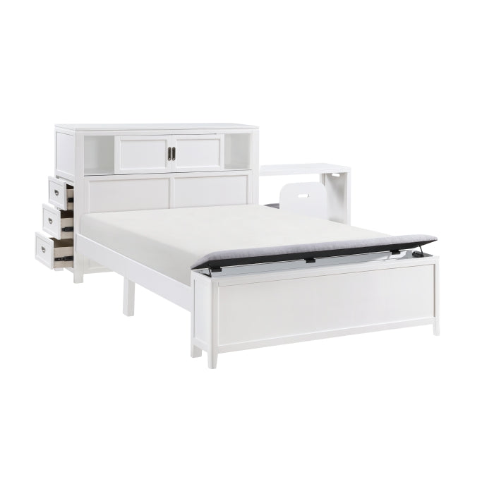 B2024WHBCF-1* (2) Full Bookcase Platform Bed with Hidden Desk, Stool and Storage Bench - B2024WHBCF-1*