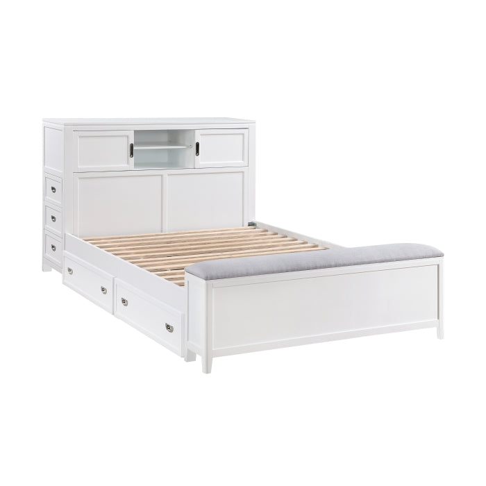 B2024WHBCF-1* (2) Full Bookcase Platform Bed with Hidden Desk, Stool and Storage Bench - B2024WHBCF-1*