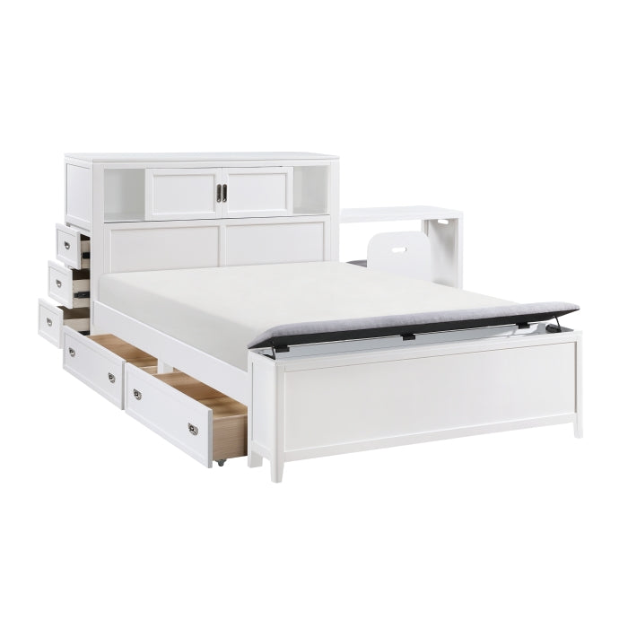 B2024WHBCF-1* (2) Full Bookcase Platform Bed with Hidden Desk, Stool and Storage Bench - B2024WHBCF-1*