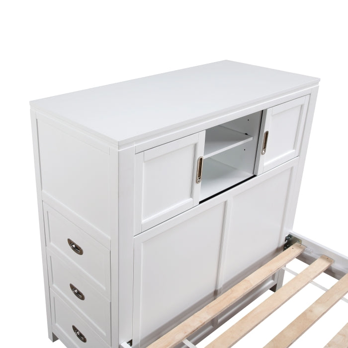 B2024WHBCF-1* (2) Full Bookcase Platform Bed with Hidden Desk, Stool and Storage Bench - B2024WHBCF-1*