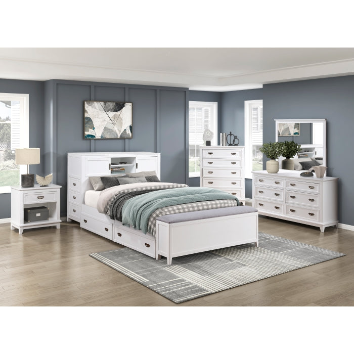B2024WHBCF-1* (2) Full Bookcase Platform Bed with Hidden Desk, Stool and Storage Bench - B2024WHBCF-1*