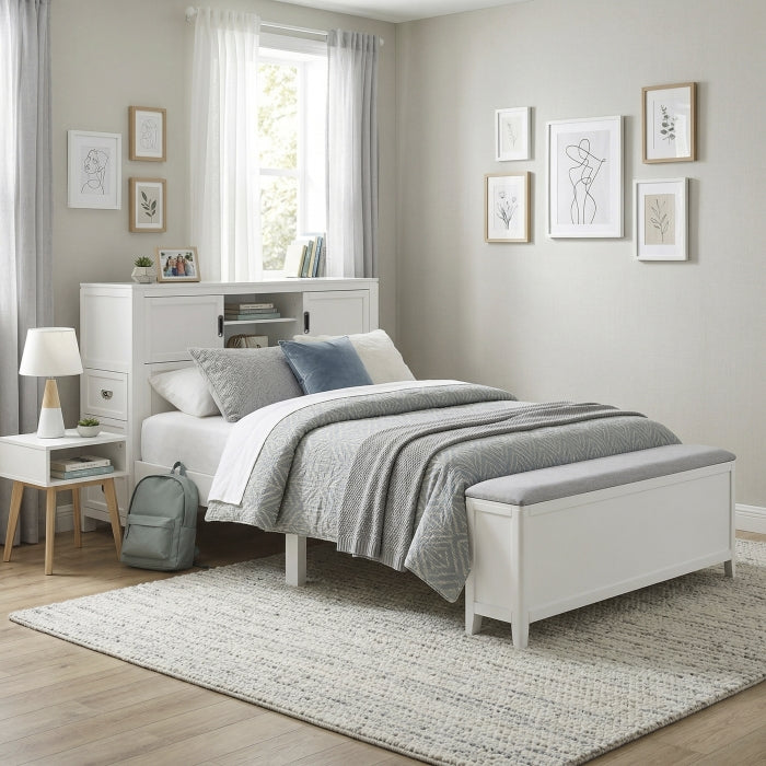 B2024WHBCF-1* (2) Full Bookcase Platform Bed with Hidden Desk, Stool and Storage Bench - B2024WHBCF-1*