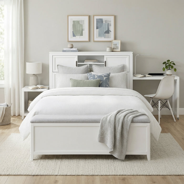B2024WHBCF-1* (2) Full Bookcase Platform Bed with Hidden Desk, Stool and Storage Bench - B2024WHBCF-1*