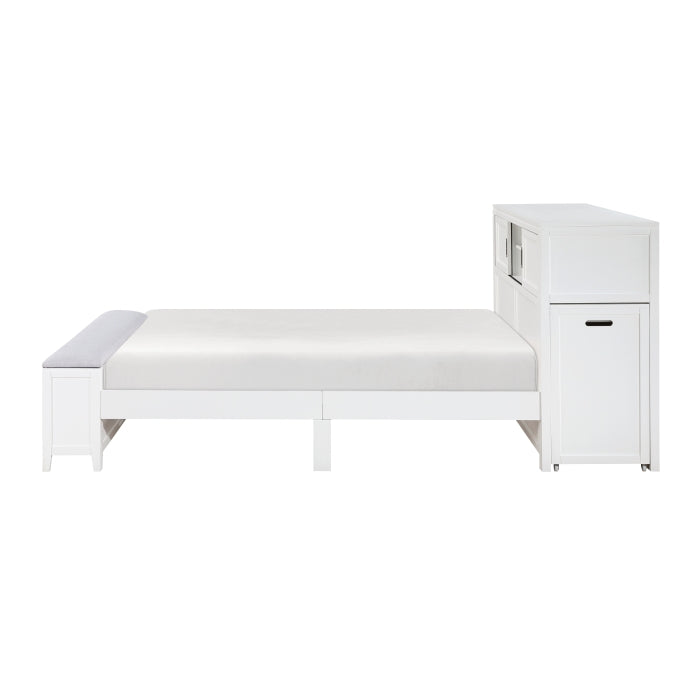 B2024WHBCF-1* (2) Full Bookcase Platform Bed with Hidden Desk, Stool and Storage Bench - B2024WHBCF-1*