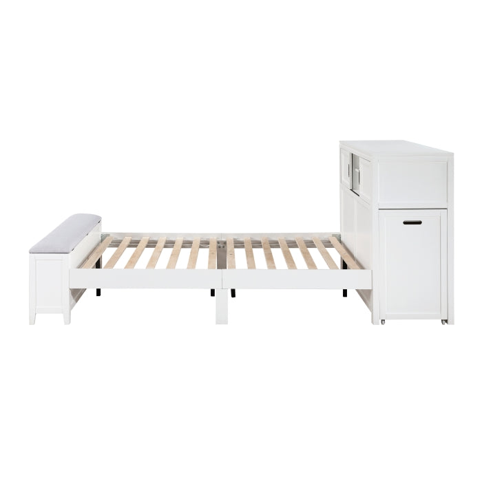 B2024WHBCF-1* (2) Full Bookcase Platform Bed with Hidden Desk, Stool and Storage Bench - B2024WHBCF-1*