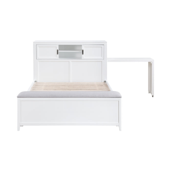 B2024WHBCF-1* (2) Full Bookcase Platform Bed with Hidden Desk, Stool and Storage Bench - B2024WHBCF-1*