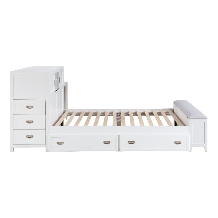 B2024WHBCF-1* (2) Full Bookcase Platform Bed with Hidden Desk, Stool and Storage Bench - B2024WHBCF-1*