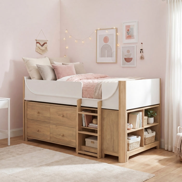 B2048WHLT-1*2BCDR (6) Low Loft Bed with 2-Shelf Bookcase, 4-Shelf Bookcase and Dresser - B2048WHLT-1*2BCDR