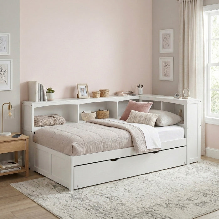 B2053BCW-1BCR* (4) Twin Bookcase Corner Platform Bed with Twin Trundle - B2053BCW-1BCR*