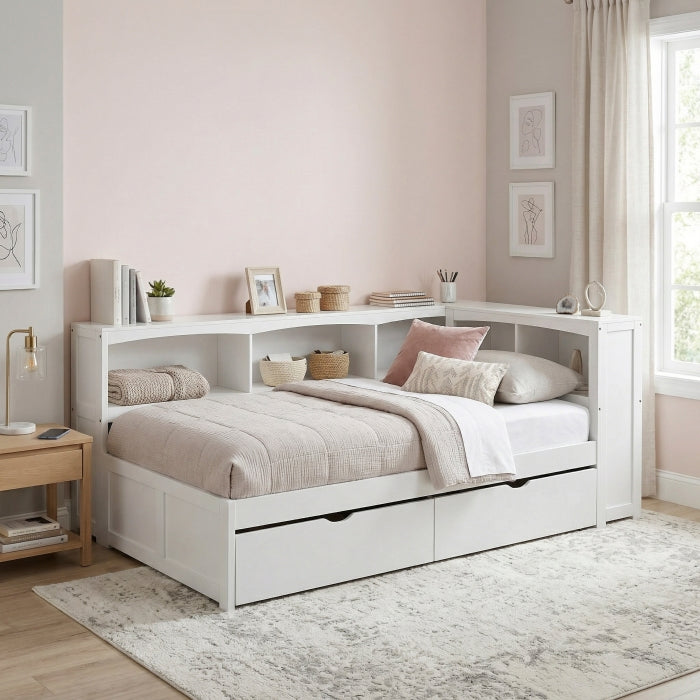B2053BCW-1BCT* (4) Twin Bookcase Corner Platform Bed with Storage Boxes - B2053BCW-1BCT*