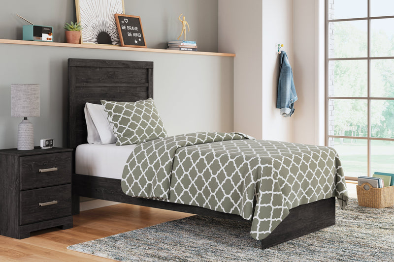 Belachime Twin Panel Bed with Mirrored Dresser, Chest and Nightstand in Charcoal - PKG016002