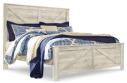 Bellaby King Crossbuck Panel Bed with Mirrored Dresser and Chest in Whitewash - PKG004703