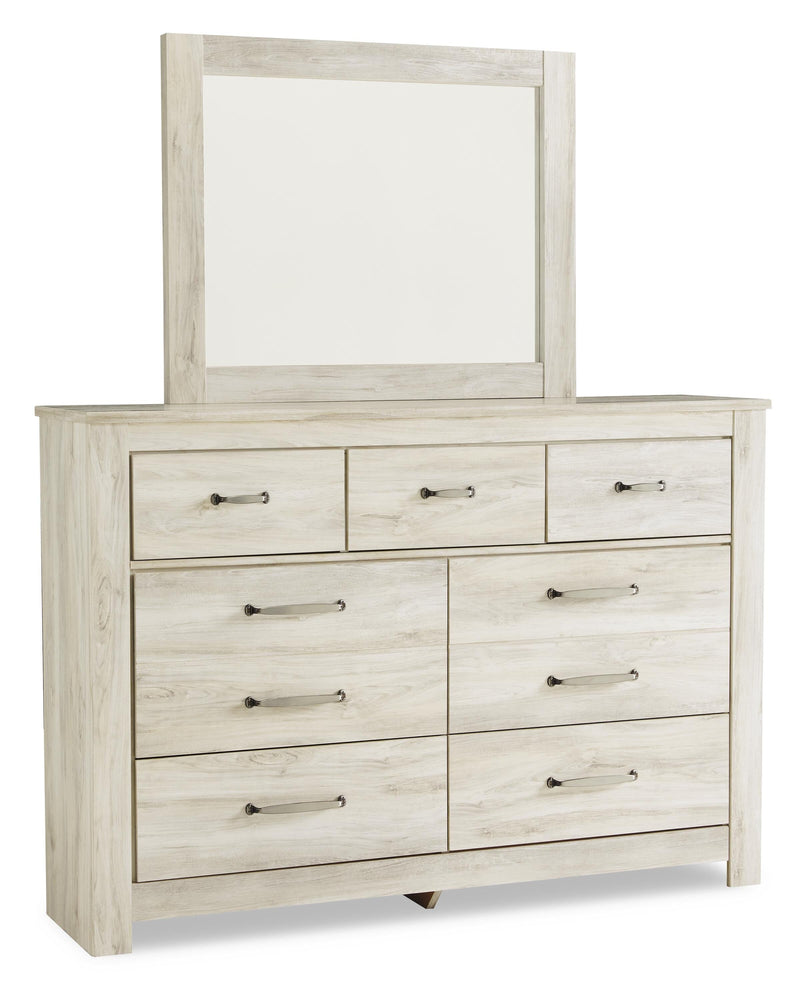 Bellaby Queen Crossbuck Panel Bed with Mirrored Dresser and Chest in Whitewash - PKG004727