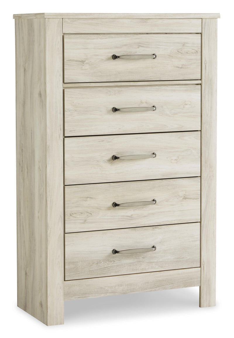 Bellaby Queen Crossbuck Panel Bed with Mirrored Dresser and Chest in Whitewash - PKG004727