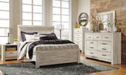 Bellaby Queen Panel Bed with Mirrored Dresser, Chest and Nightstand in Whitewash - PKG004714